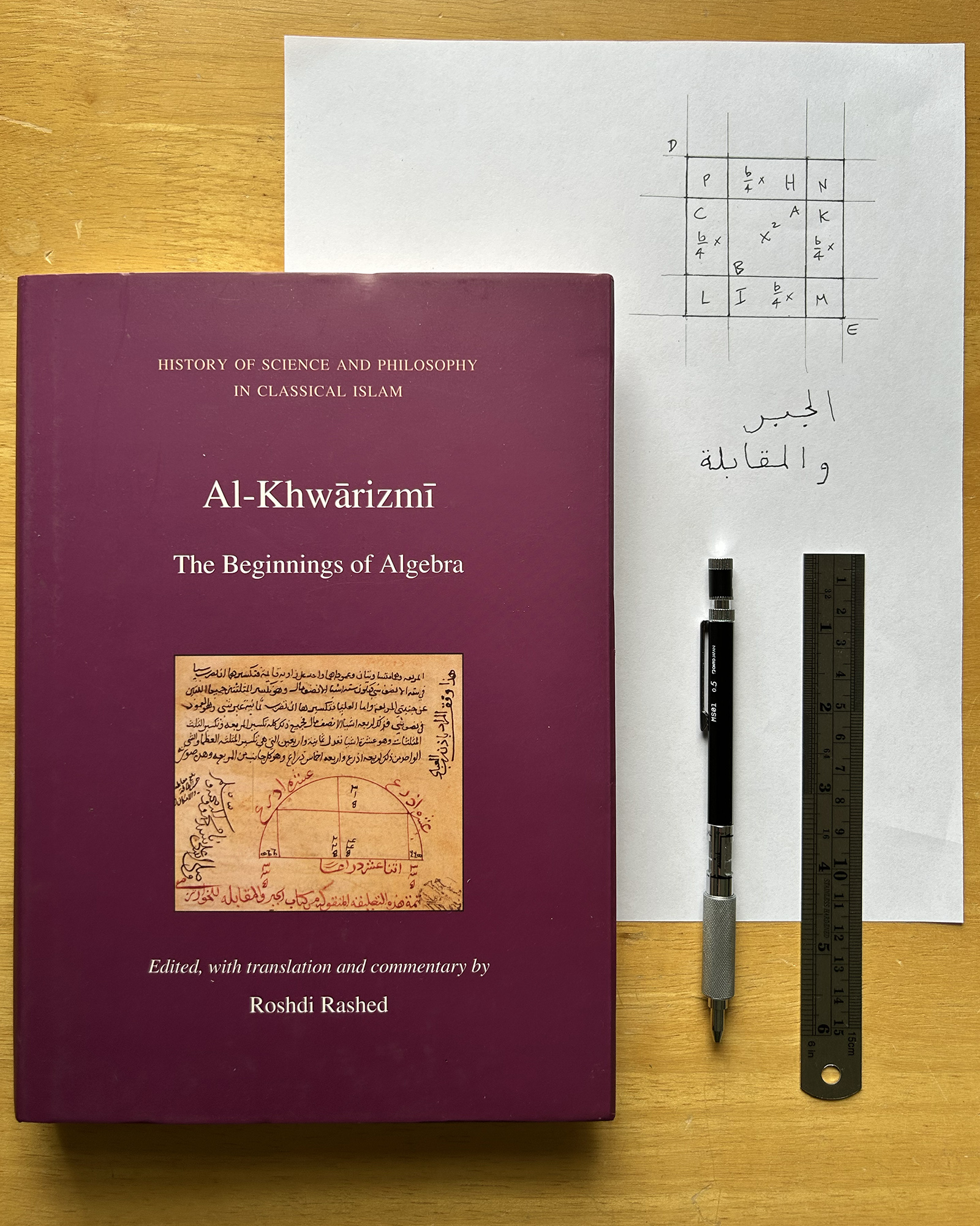 Flat lay of a burgundy book titled 'Al-Khwārizmī: The Beginnings of Algebra' beside a ruler and pencil on a wooden desk, with a grid sketch on white paper.