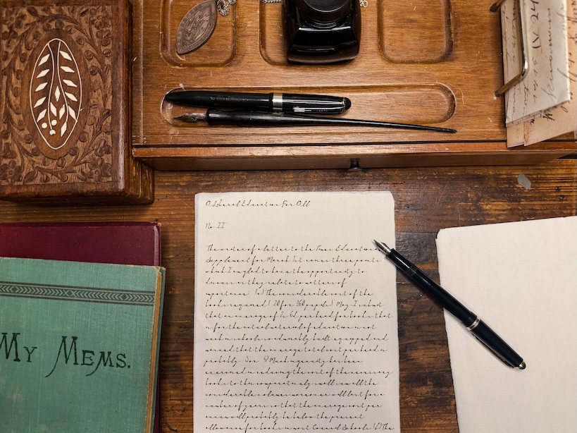 Vintage desk scene with a fountain pen, ink bottle, and handwritten letter among old books on wood surface.