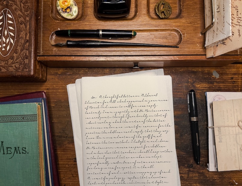 Vintage writing desk scene with handwritten letter, ink bottle, and seals on wood surface, plus a fountain pen nearby.