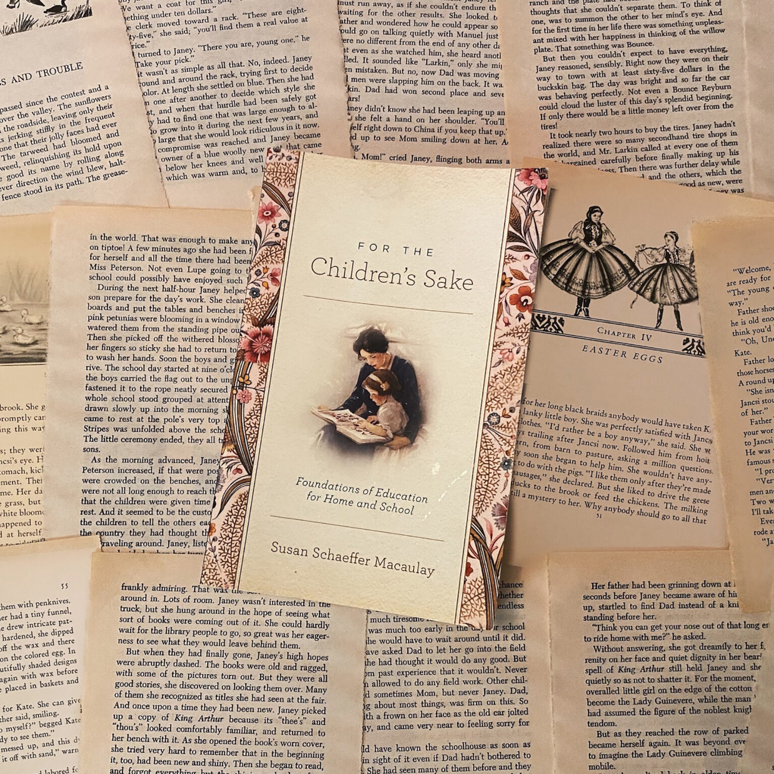 Collage of vintage book pages with a central title card reading 'For the Children's Sake' and decorative floral borders nearby.