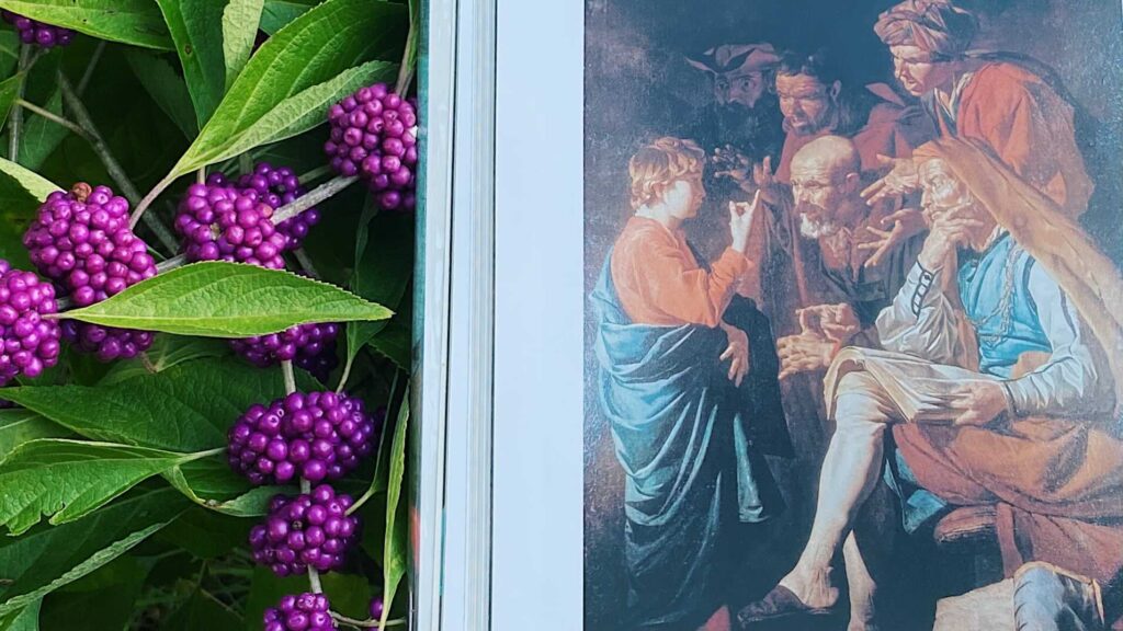 Purple berry clusters with green leaves beside a vertical divider, next to a classical painting of people on the right.