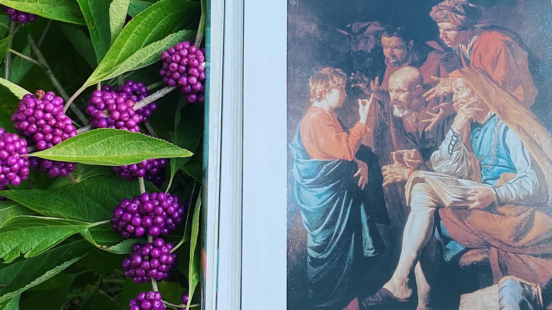 Purple berry clusters with green leaves beside a vertical divider, next to a classical painting of people on the right.