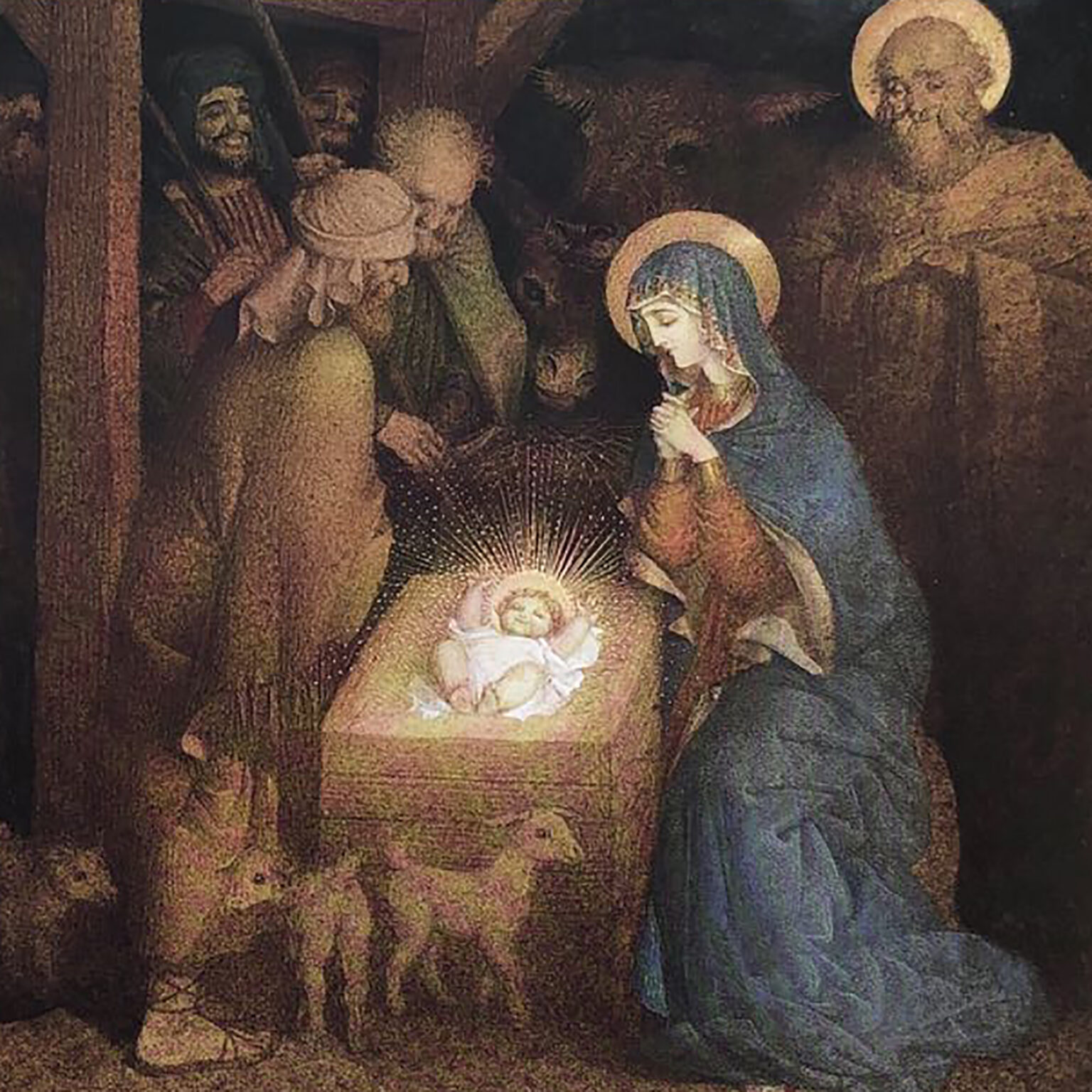 nativity scene with Mary cradling baby Jesus in a manger, halo around baby, and surrounding figures under a stable roof.