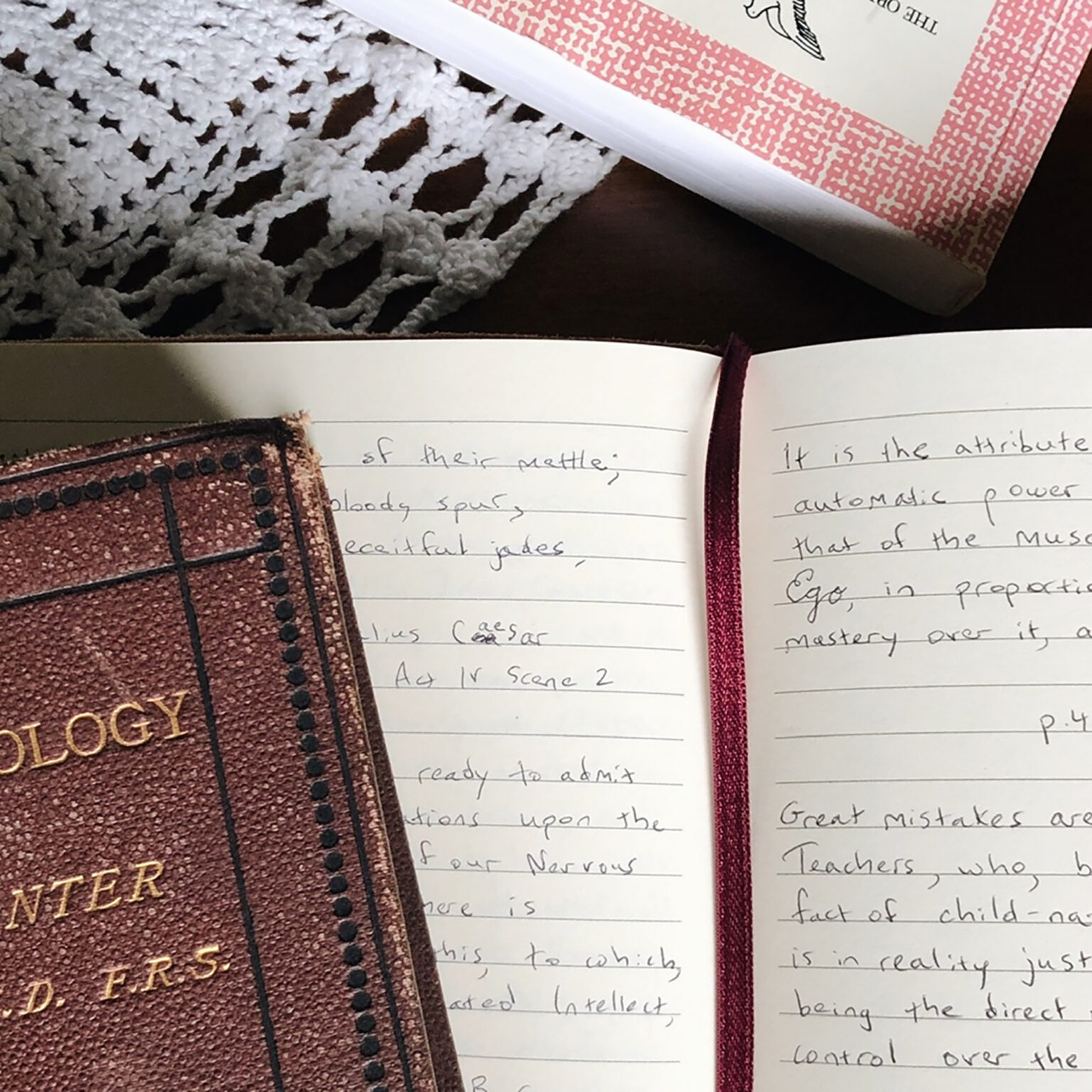 Open notebook pages with handwritten notes and burgundy ribbon bookmarks, partially covered by a brown leather cover and a pink-patterned edge item on a dark surface.