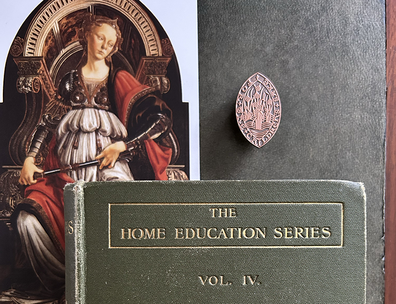 Collage with a saintly figure in armor, a small ornamental badge, and a green book titled 'The Home Education Series Vol. IV'.