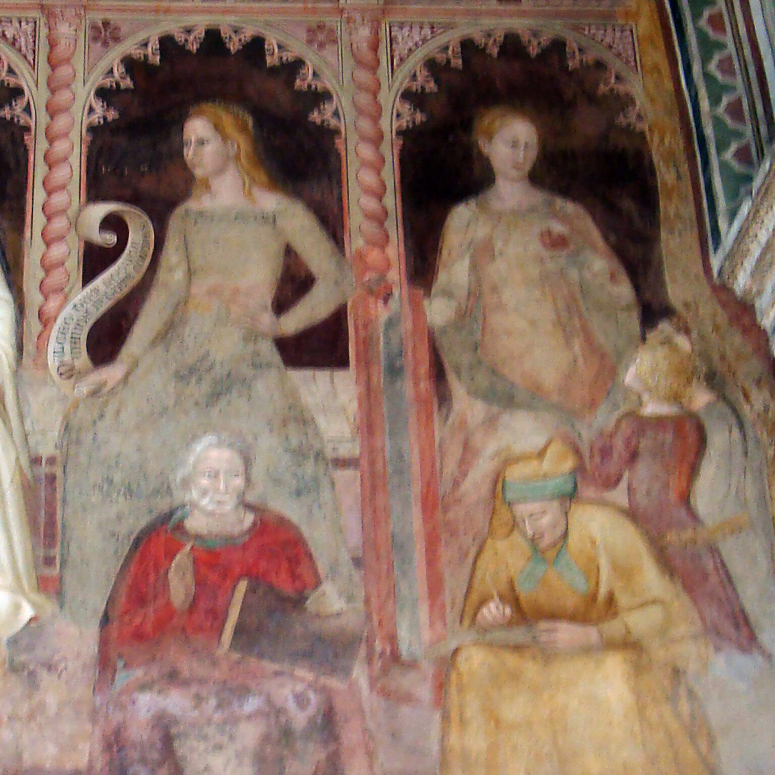 Fragment of a historical painting showing two seated figures inside ornately framed panels with pink twisted columns and decorative arches above them.