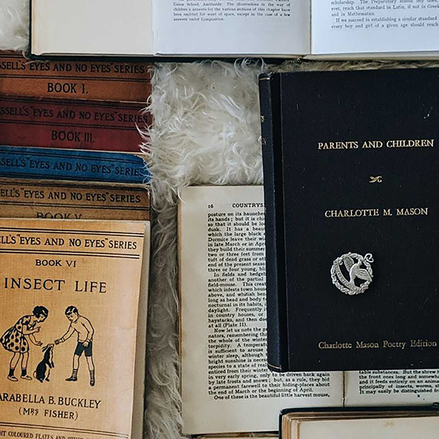 Row of vintage book spines, mostly orange, blue, and brown, labeled 'Eyes and No Eyes' series (Books I–VI), next to a dark 'Parents and Children' volume.