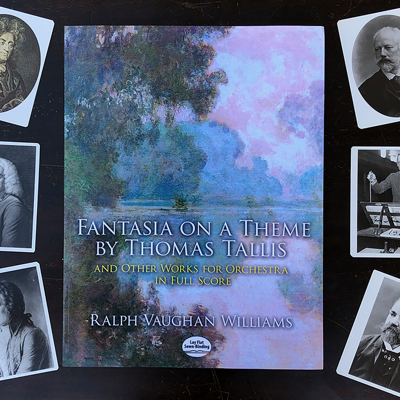 Book cover featuring a pastel landscape painting; title: Fantasia on a Theme by Thomas Tallis, Ralph Vaughan Williams (and other works for orchestra)