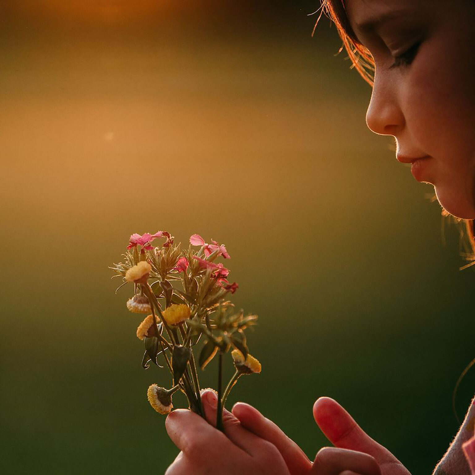 Close-up of a person holding a small bouquet of dried flowers against a warm, golden background.