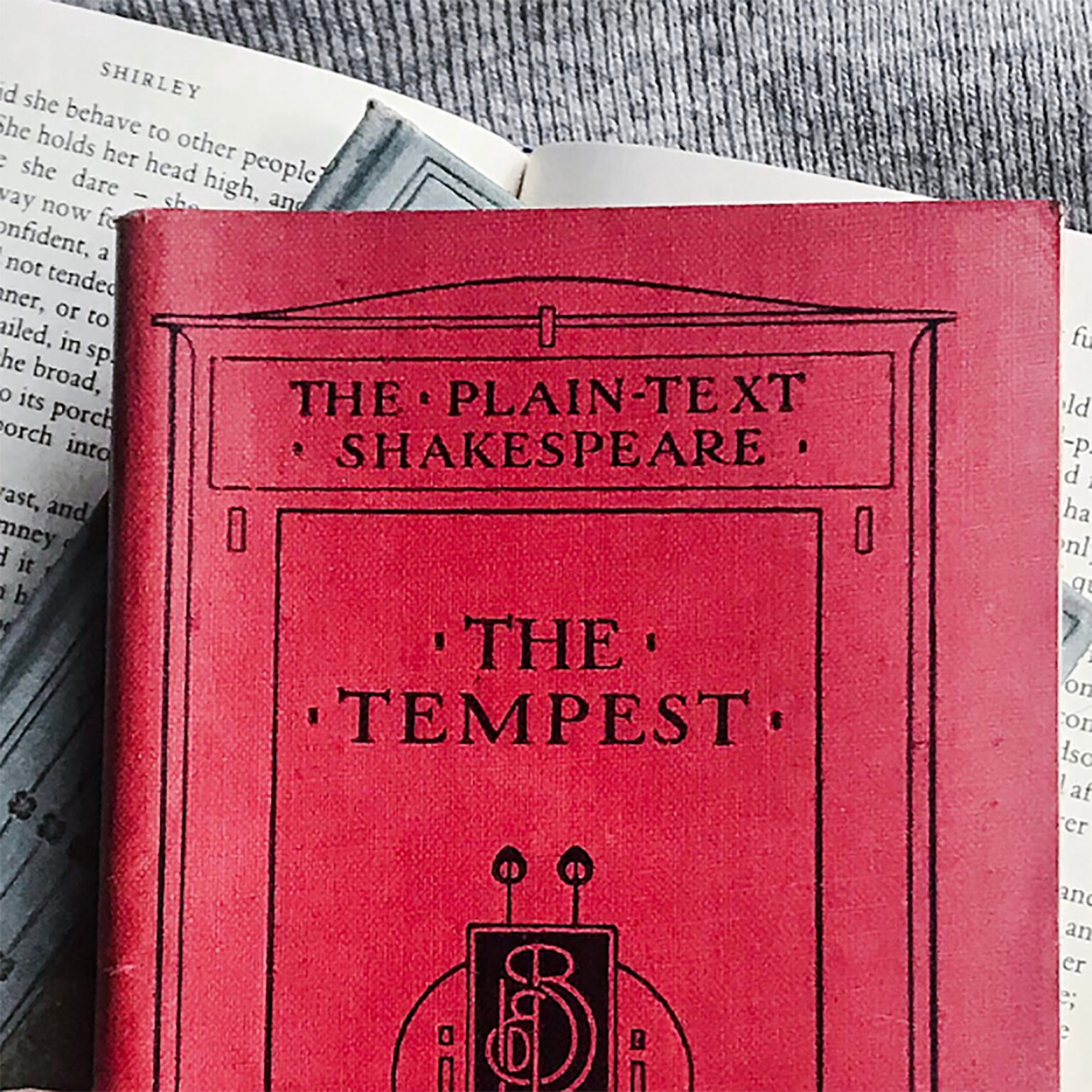 Red paperback cover reading 'The Plain Text Shakespeare' with an emblem, placed over white pages with text partially visible in the background