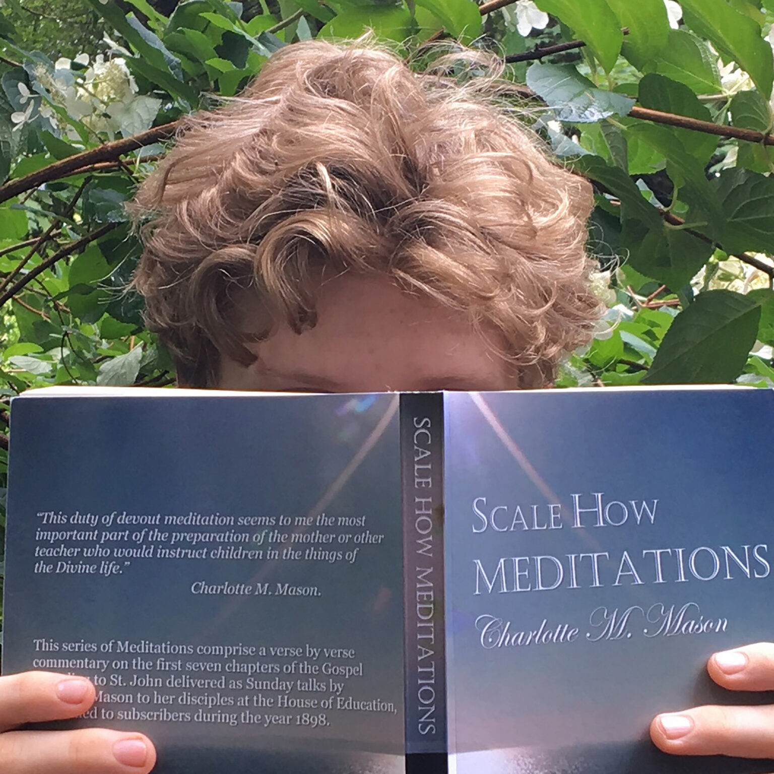 Close-up of two dark blue book covers titled 'Scale How Meditations' being held by two hands among green leaves and branches outside.