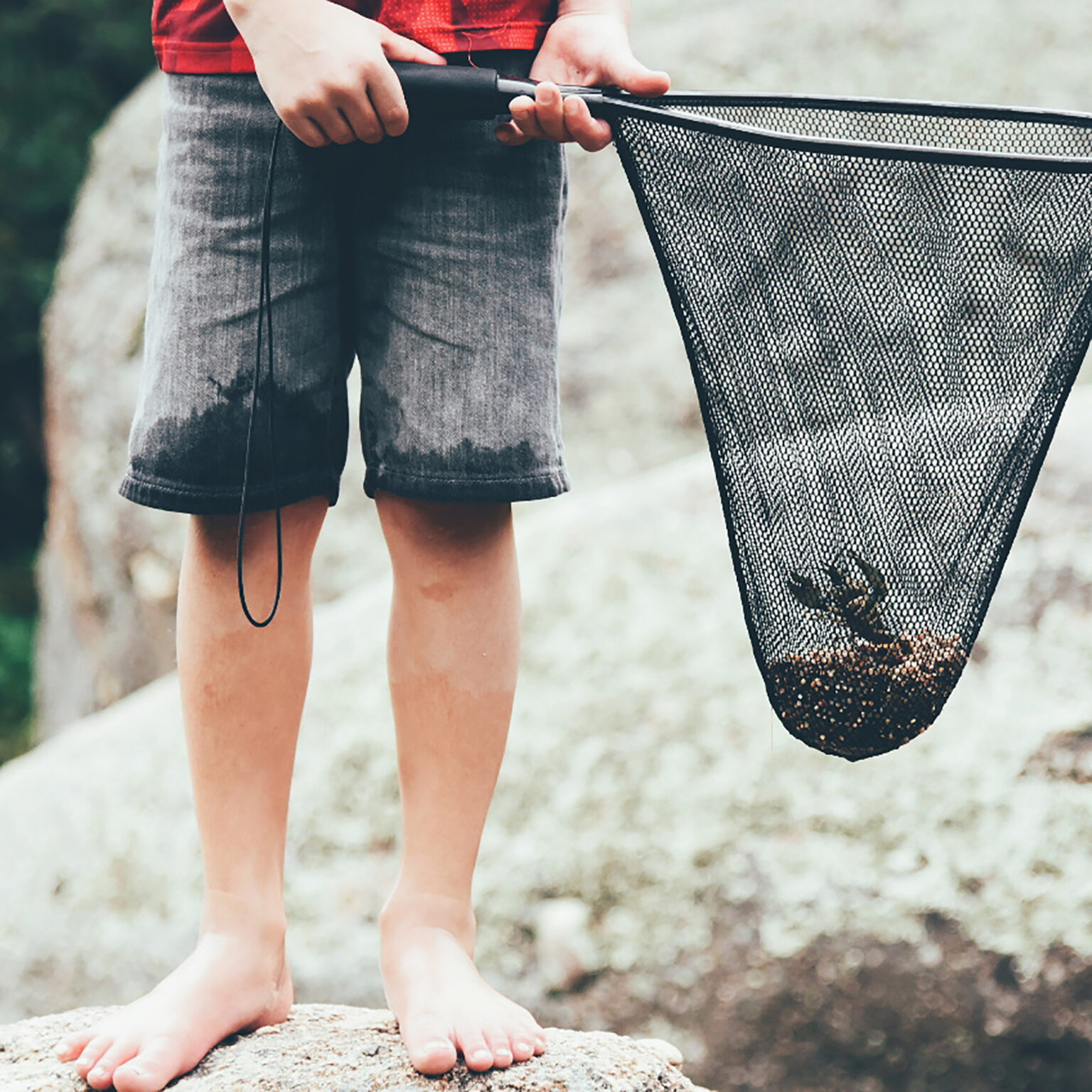 Person standing barefoot on a rock, holding a large mesh fishing net.