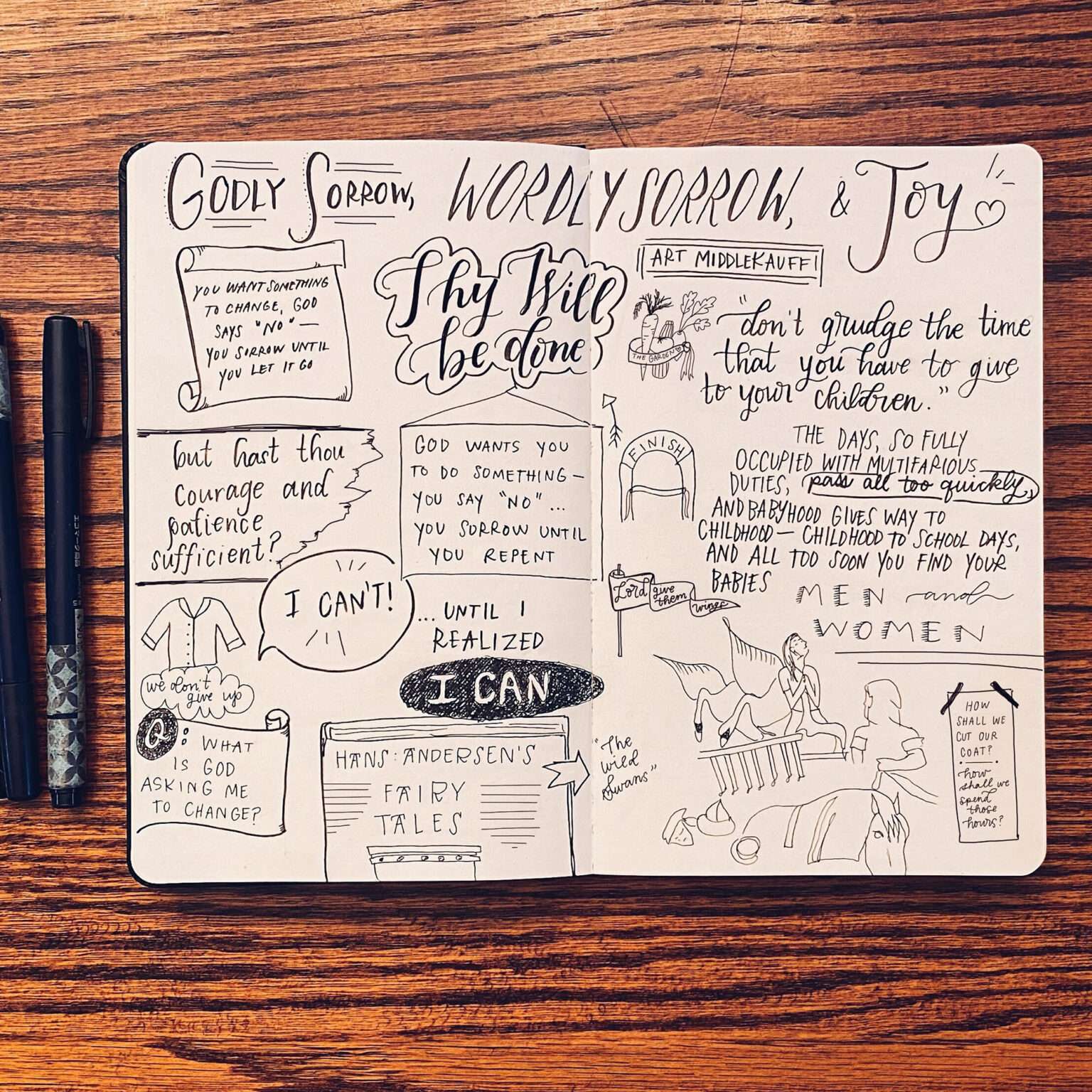 Open notebook with hand-lettered quotes and drawings on a wooden desk, two pens nearby.