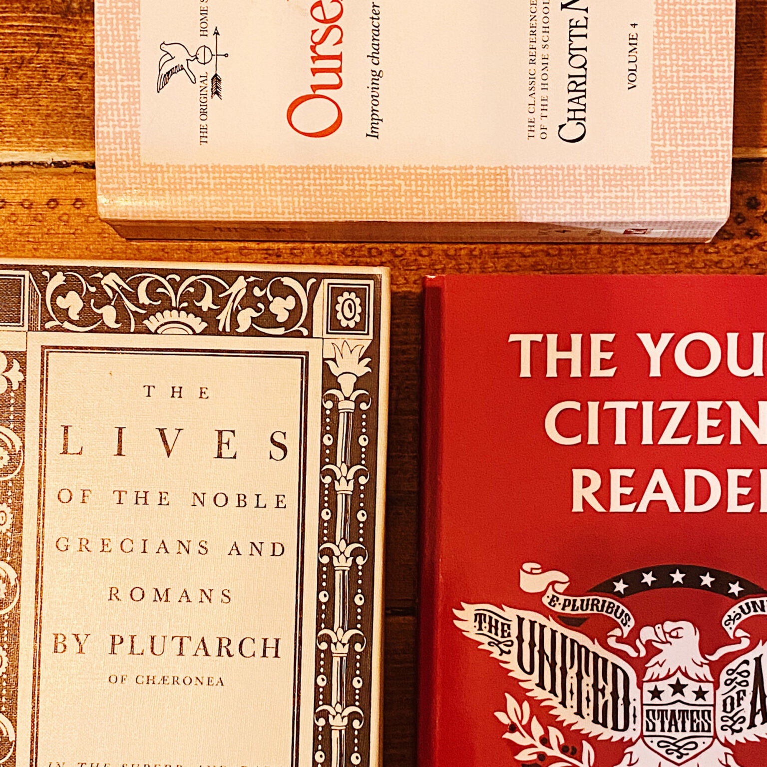 Beige, ornately bordered book spines beside a bold red hardcover on a wooden shelf; a mix of classic-looking volumes on display.