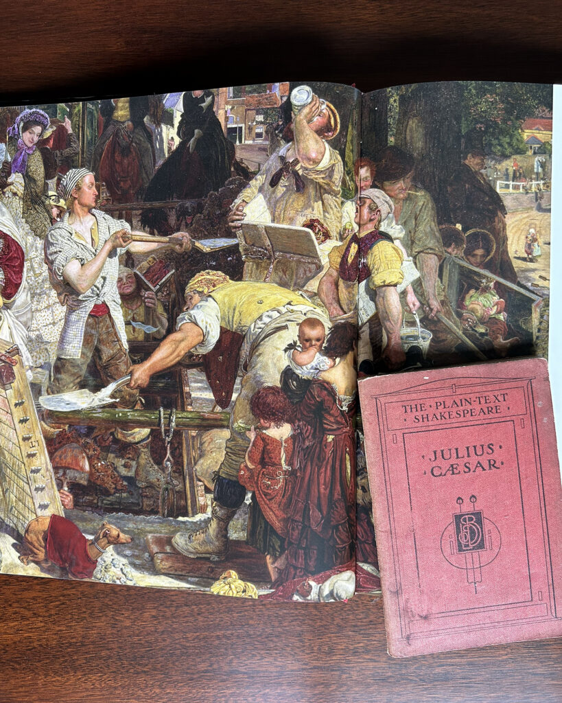 Crowded street market scene in a historical painting, with a man pouring drink as others watch nearby.