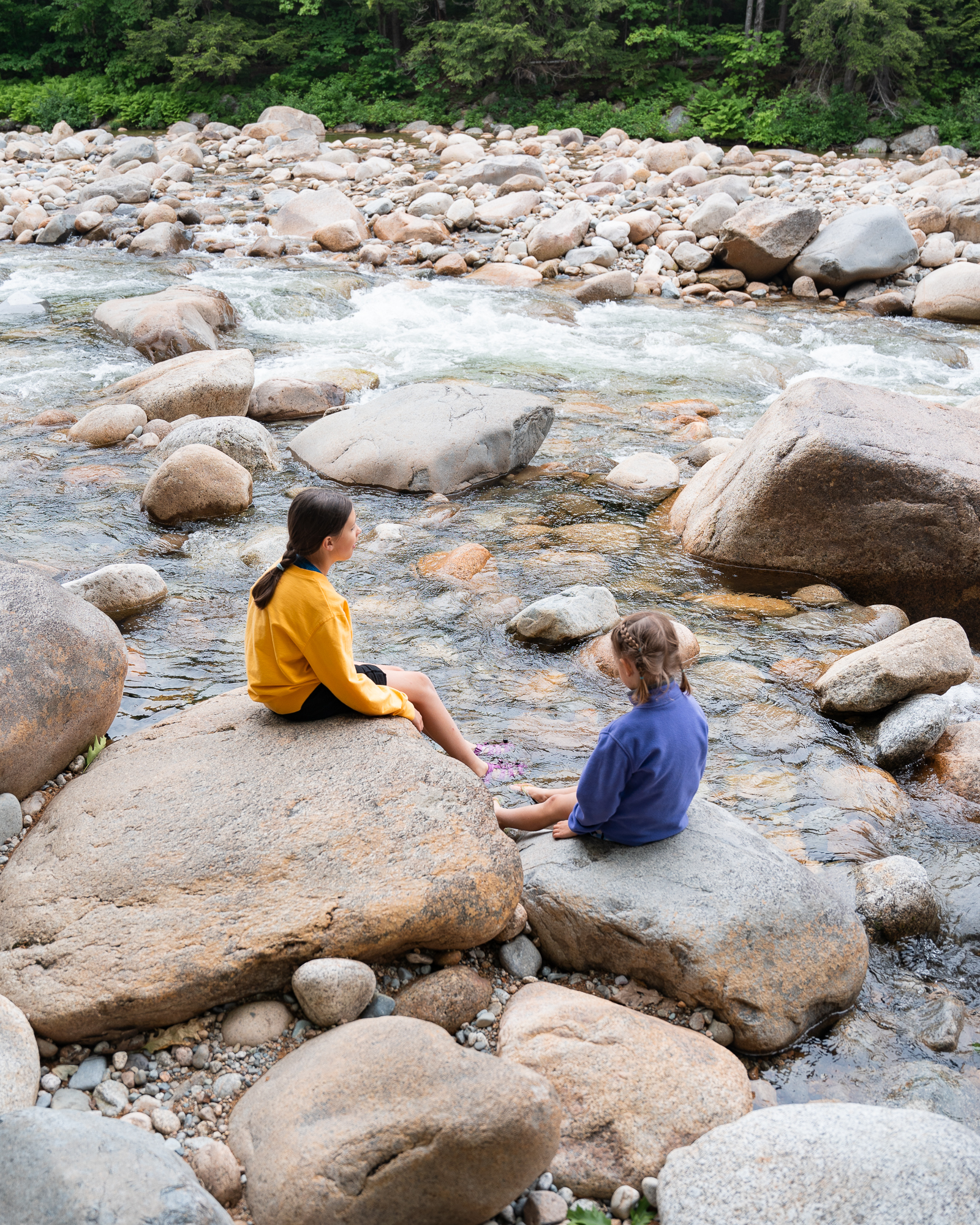 Two children sit on large rocks beside a fast-moving, rocky river with a forested bank behind them.
