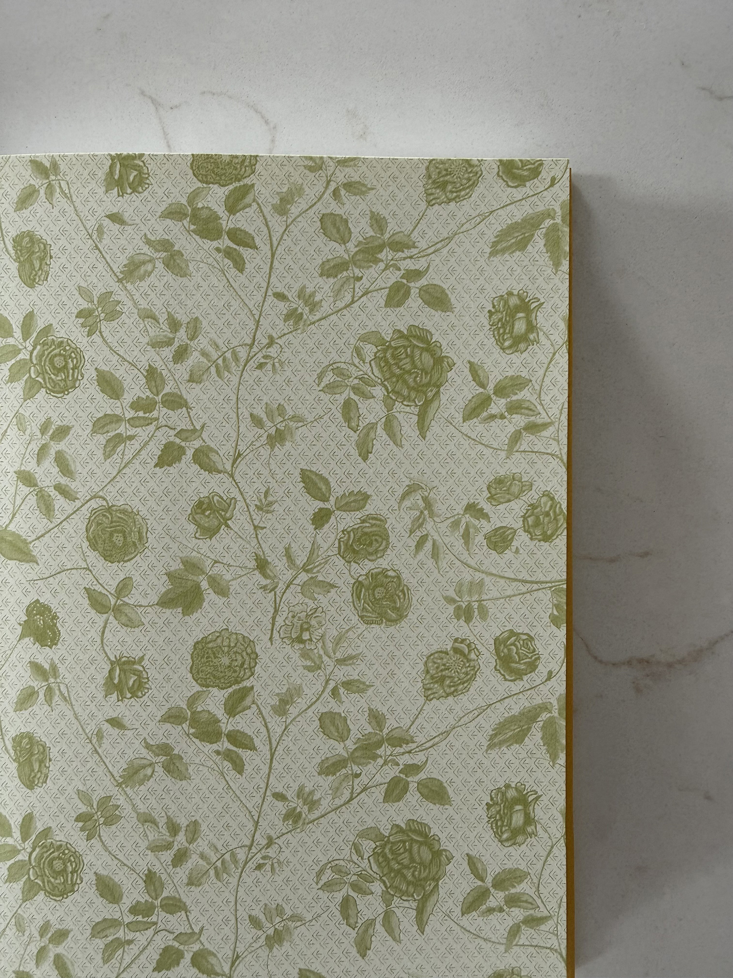 Close-up of a beige book cover with a green rose and vine pattern.