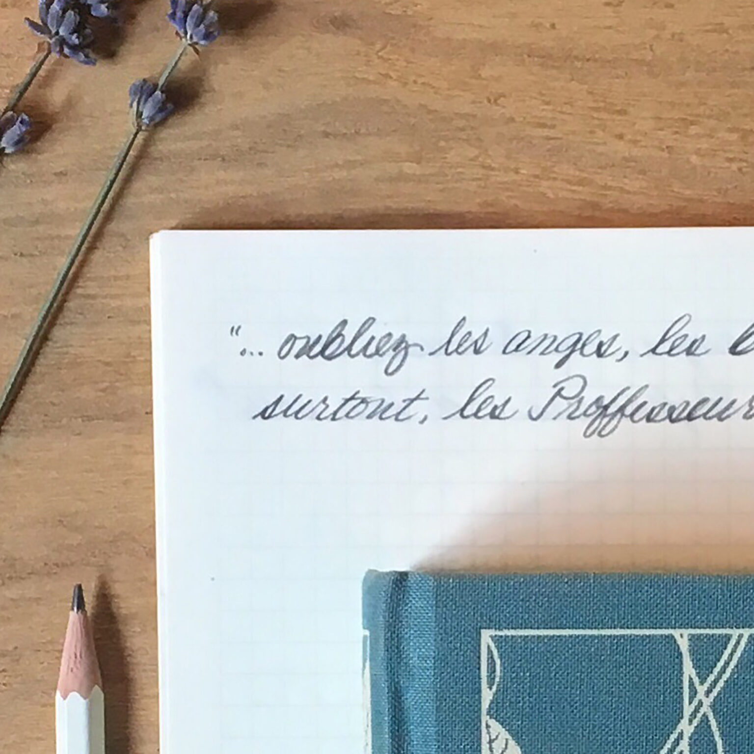 Lavender stems on a wooden desk beside a white notebook with cursive writing and a blue journal.