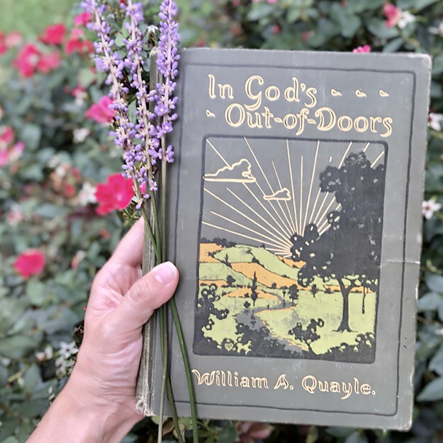 Hand holding a weathered sign reading "In God's Out-of-Doors" with a bouquet of purple lavender flowers in the foreground and a garden background.