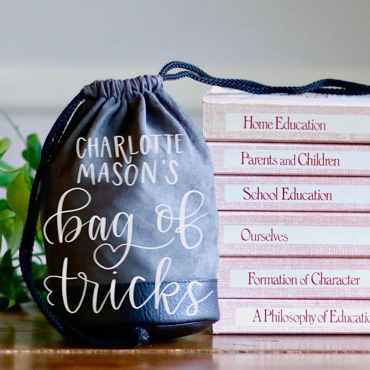 Blue drawstring bag with white script sits beside a stack of pink education books reading 'Home Education' and 'Parents and Children.'