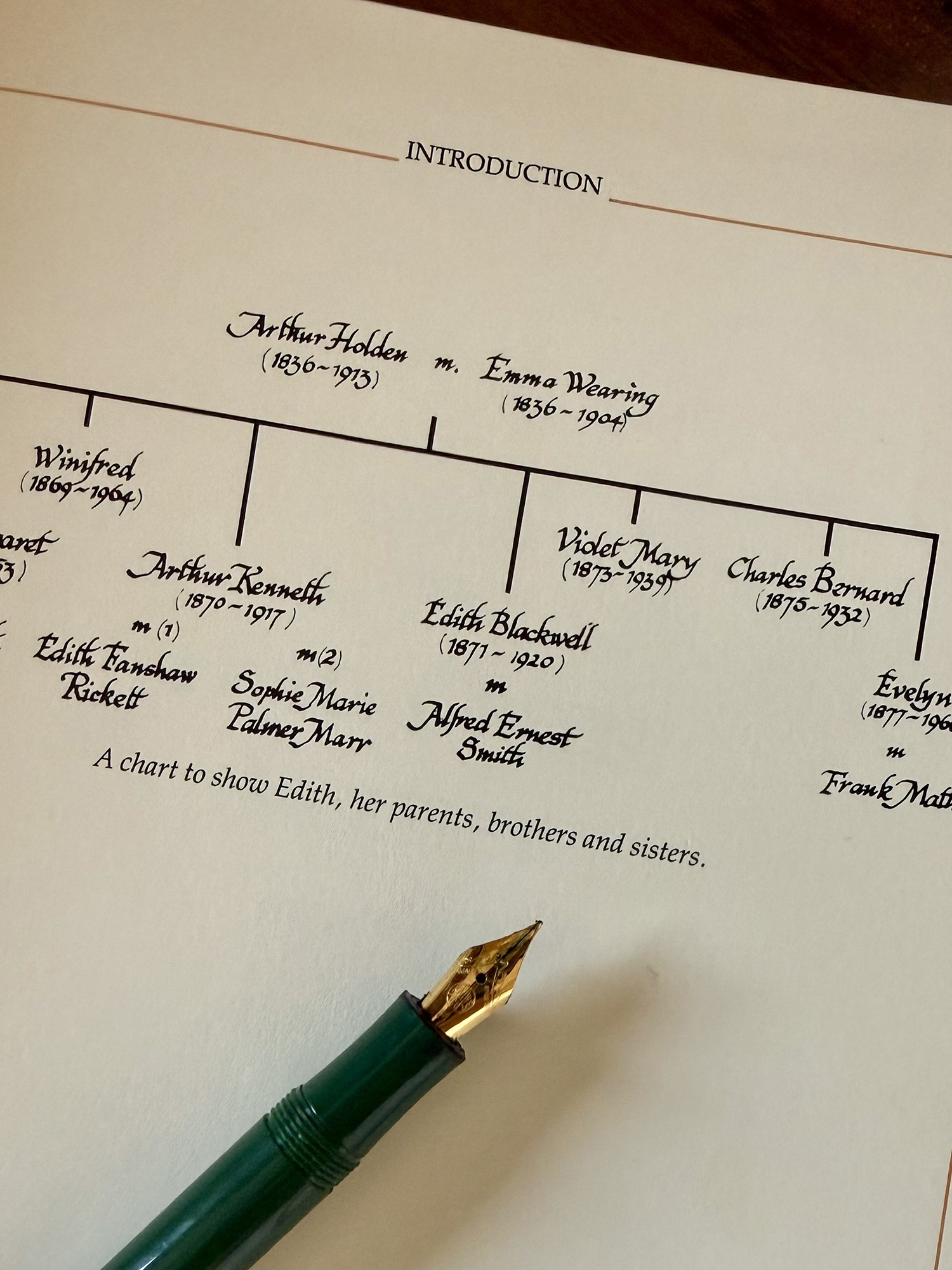 Close-up of a family tree chart page labeled INTRODUCTION, showing names Arthur Holden and Emma Wearing with birth/death years, and a green fountain pen resting across the page.