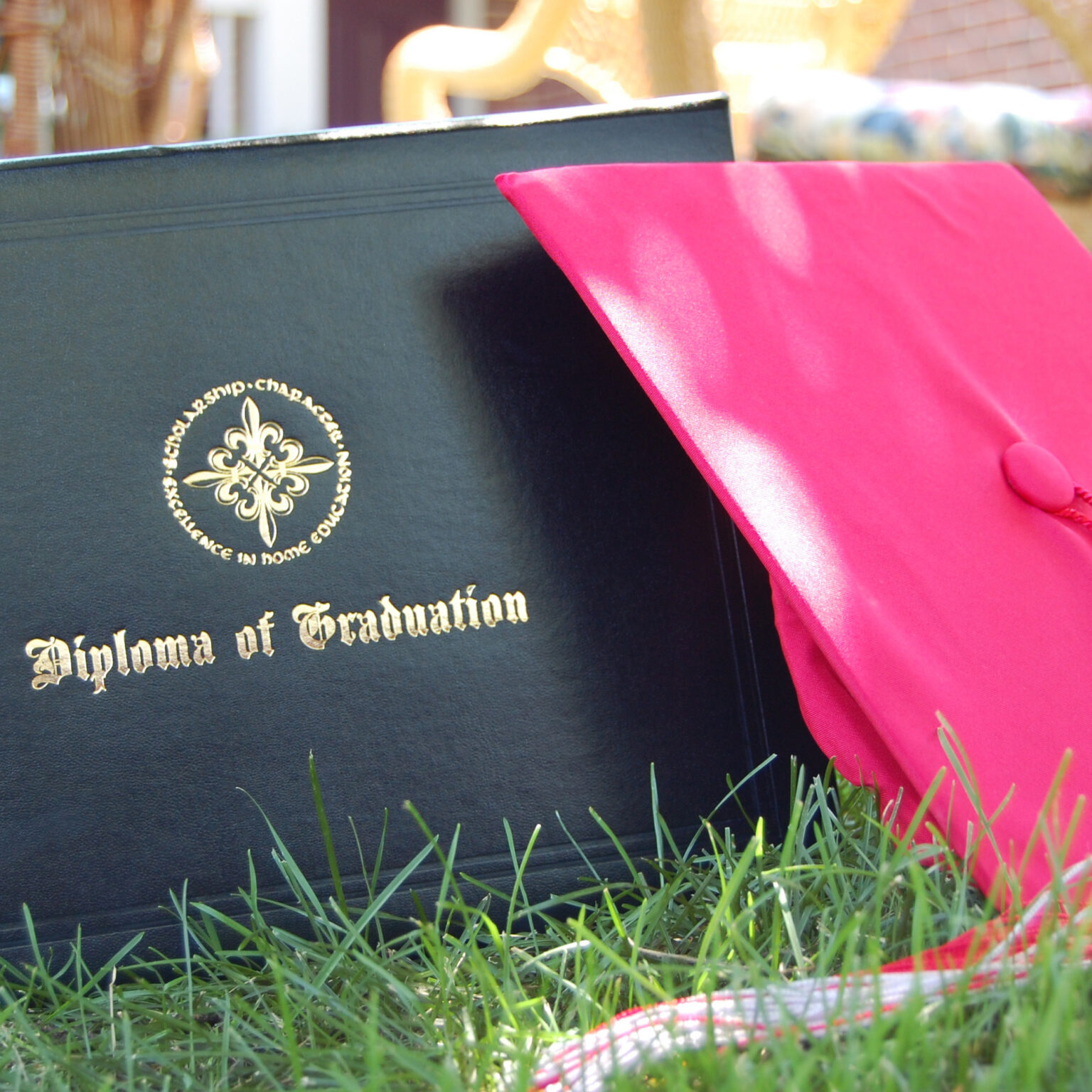 Dark diploma cover with gold emblem and blonde tassel, resting on grass with a bright pink sash draped over the edge.