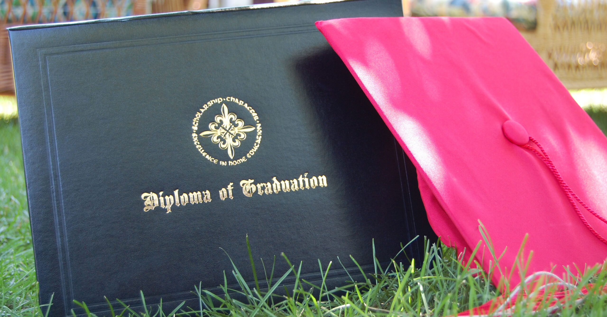 Black diploma cover with gold lettering and a pink graduation cap resting on grass outdoor setting.