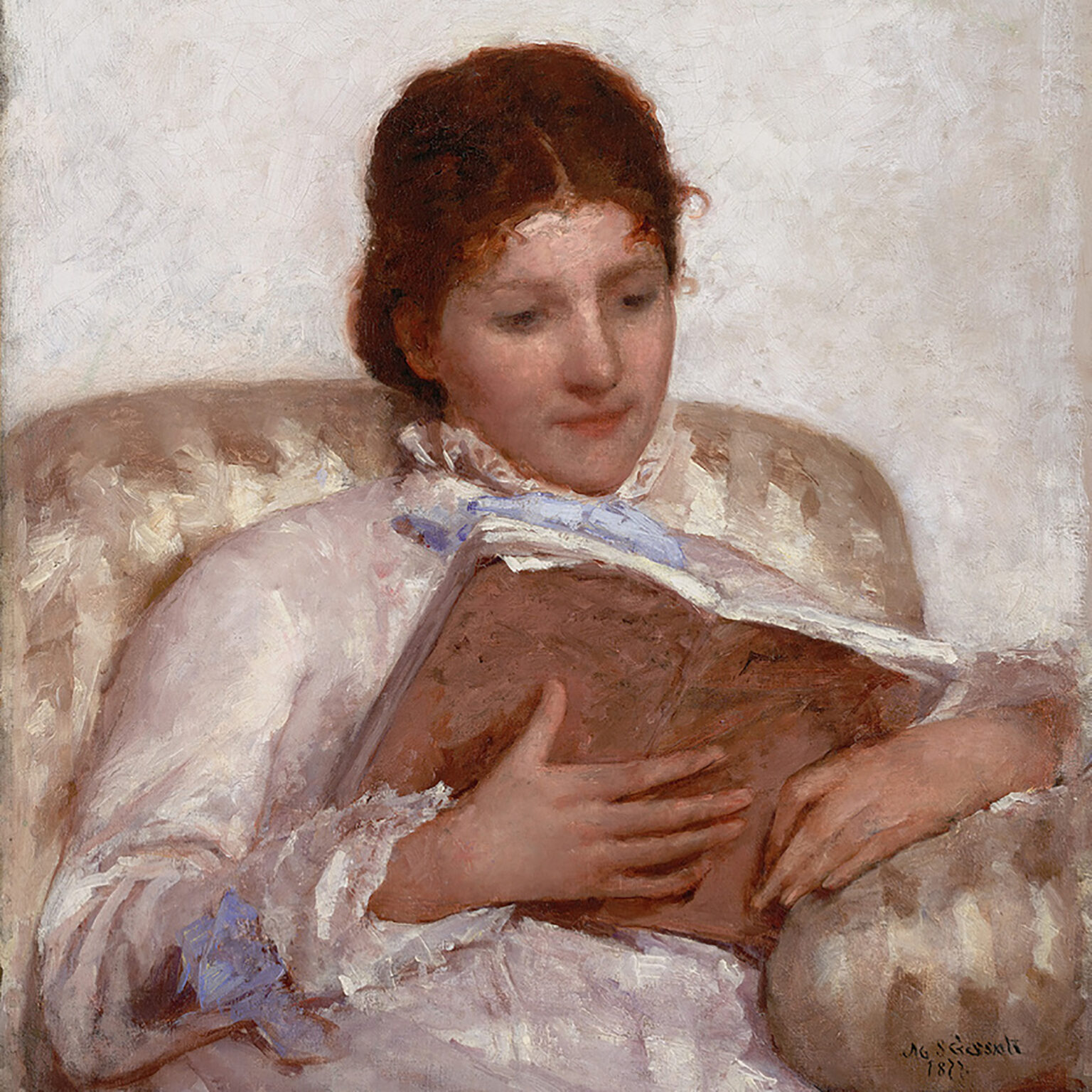 Impressionist painting of a woman reclining, bare shoulders visible as she rests her head down.